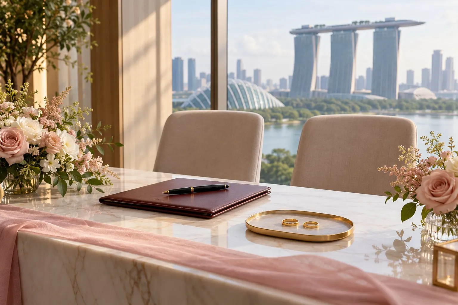 A calm registry-style table by a window with two plain chairs, a pen and two wedding rings on a small tray
