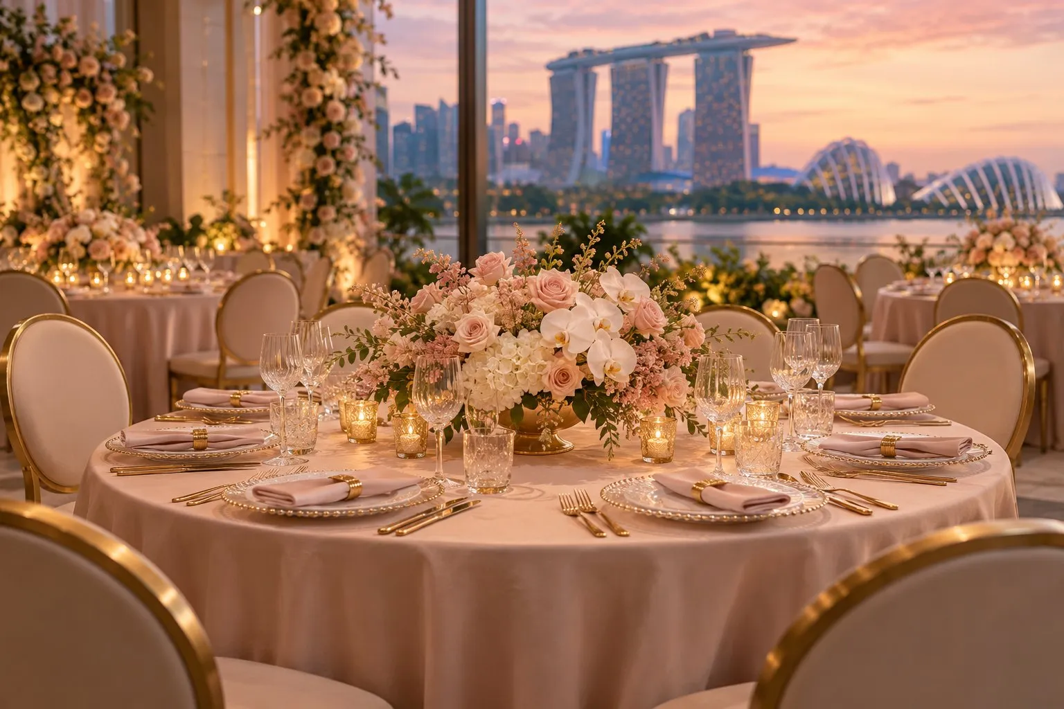 An elegant round banquet table set with a low floral centrepiece and place settings in soft rose and gold tones, no people