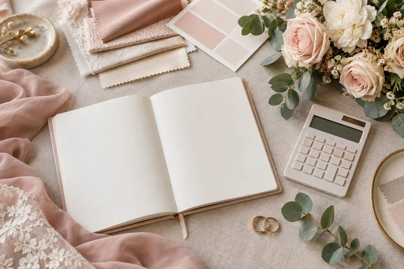 A flat-lay of wedding planning items: a blank notebook, calculator, fabric swatches, eucalyptus and two gold rings