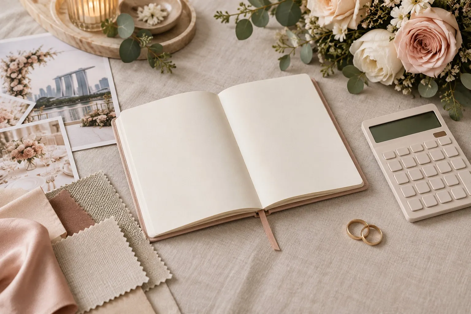 A neutral flat-lay of wedding planning items: a blank notebook, a calculator, fabric swatches, eucalyptus and two gold rings