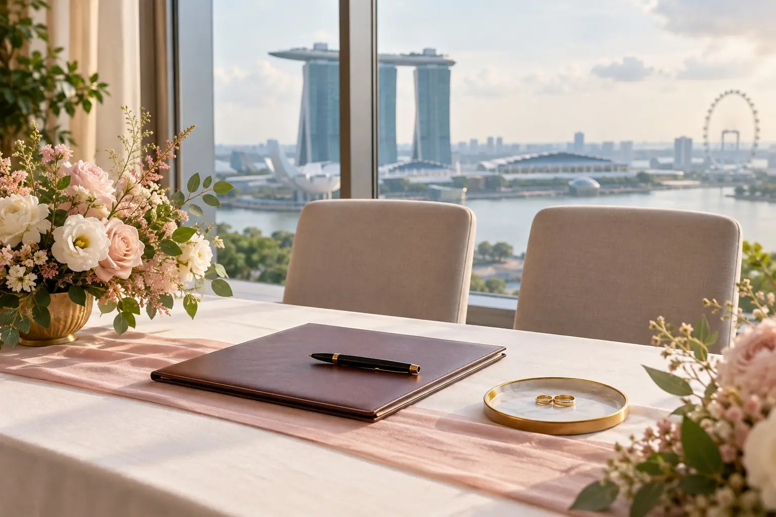 A calm registry-style table by a window with two plain chairs, a pen on a closed folder and two wedding rings on a tray