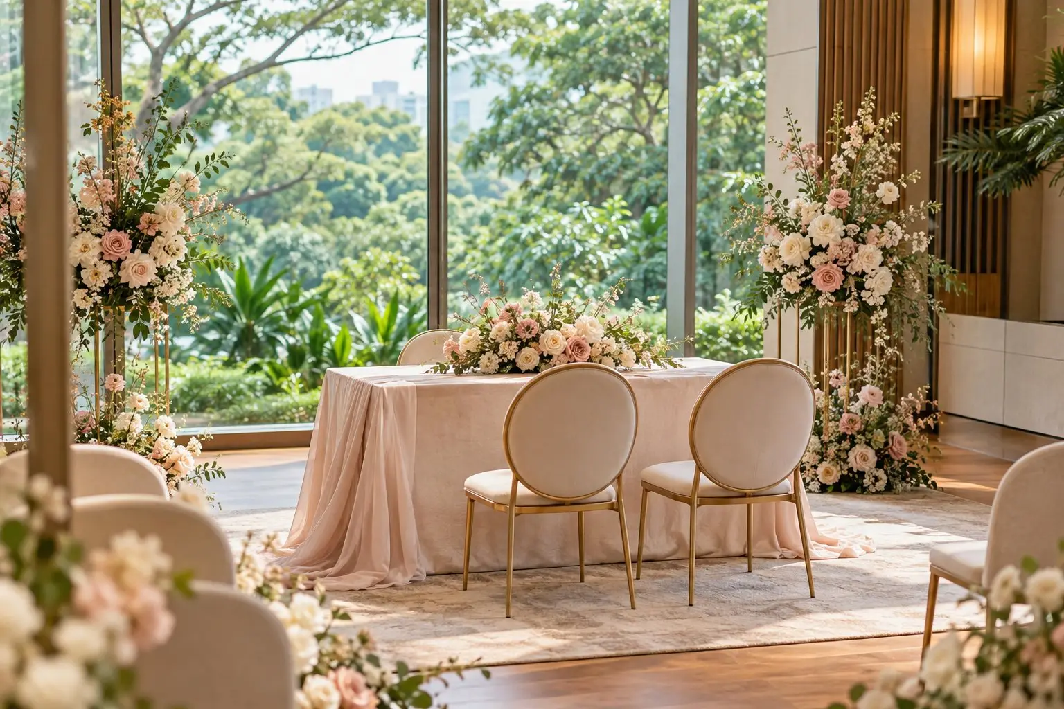 A serene solemnisation room with large windows onto greenery, a flower-topped ceremony table and two elegant chairs